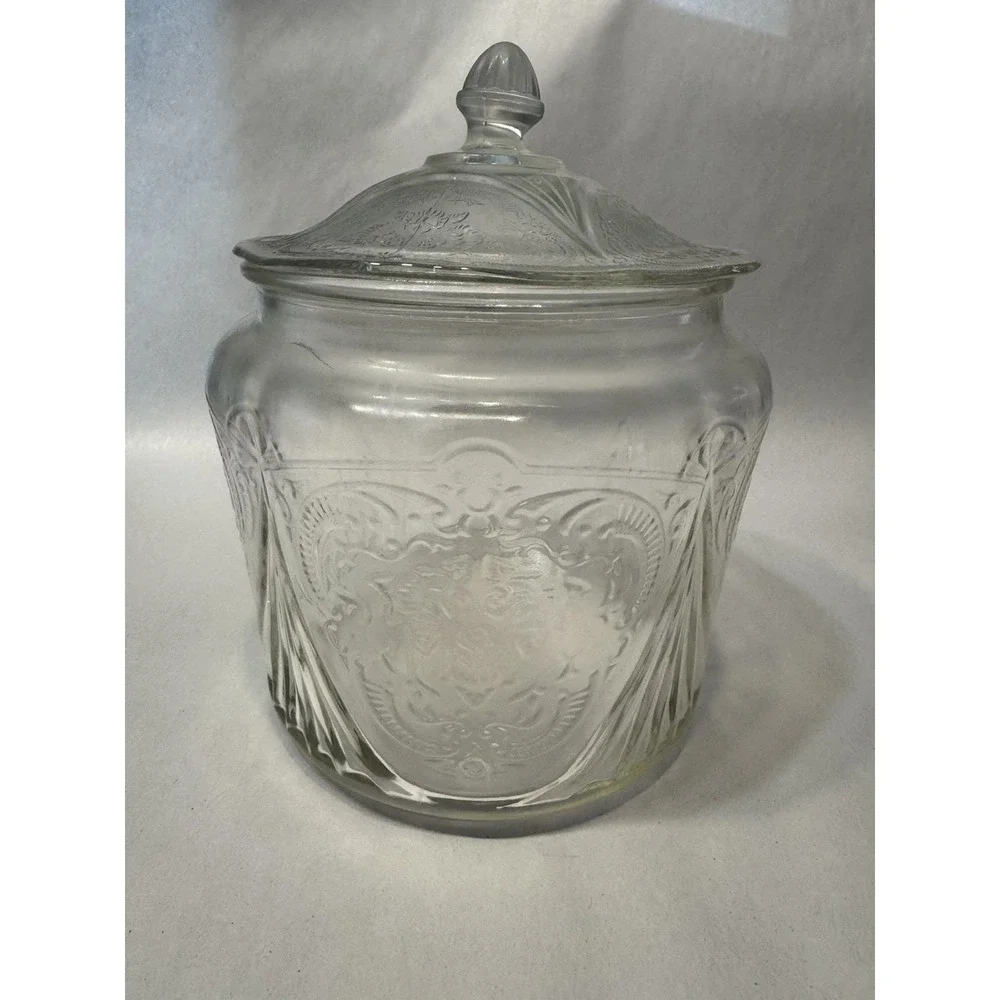 Hazel Atlas Royal Lace Clear Depression Glass Cookie Biscuit Jar w/Lid 1930s VTG